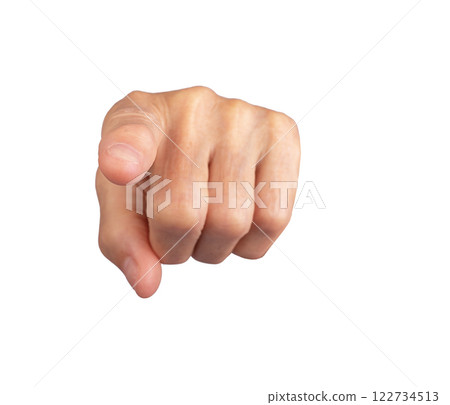 Wrinkled hand pointing forward, gesture of choice, direction, or selection, confident expression, 122734513