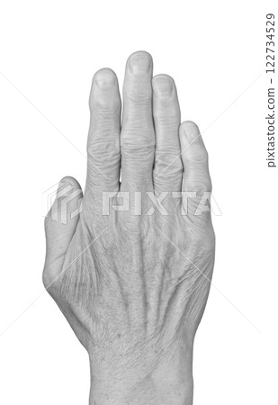 Elderly female hand closeup with wrinkled skin, veins, and knuckles. Aged fingers in gesture, 122734529