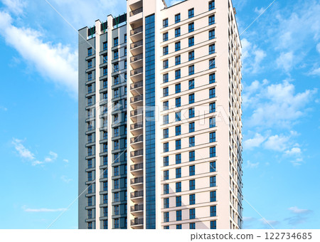 Modern high-rise building with sleek facades and large windows in an urban metropolis. Contemporary Modern high-rise building with sleek facades and large windows in an urban metropolis. Contemporary 122734685
