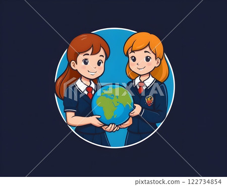 School logo Children joyfully hold a globe, symbolizing global education and cultural awareness 122734854