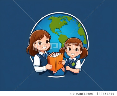 School logo Children joyfully hold a globe, symbolizing global education and cultural awareness 122734855