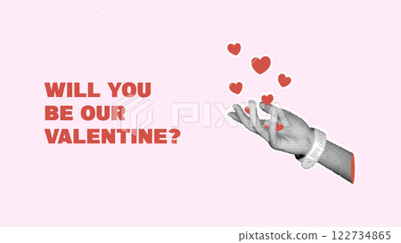 Happy Valentine's Day Banner Halftone effect.Will be our my valentine.Isolated on pink background.Halftone Collage stippling hand and red hearts.Trendy vintage sticker for card,for promotions. Happy Valentine's Day Banner Halftone effect.Will be our my valentine.Isolated on pink background.Halftone Collage stippling hand and red hearts.Trendy vintage sticker for card,for promotions. 122734865