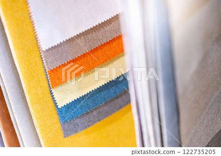 Set of colorful fabric swatch material collection. Various color and texture sample fabric pieces Set of colorful fabric swatch material collection. Various color and texture sample fabric pieces 122735205