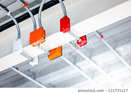 Electrical cable conduit with colorful junction box for electric wiring system on the ceiling Electrical cable conduit with colorful junction box for electric wiring system on the ceiling 122735227