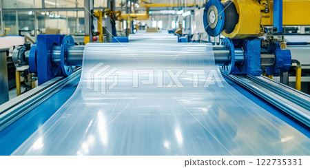 Large plastic roll in the factory for the production of plastic packaging material and bags 122735331