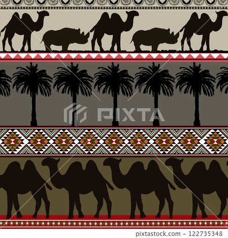 African ethnic fabric pattern features a rich dark brown tone, incorporating safari-inspired designs with elegant giraffe motifs. The pattern blends the ancient ethnic of the African ethnic with moder 122735348