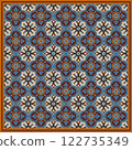 Indian ethnic tribal fabric pattern featuring floral designs in blue and red tones. Inspired by traditional Indian ethnic painting, this design showcases meticulous beauty and ethnic cultural heritage 122735349