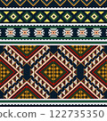 Indian ethnic tribal fabric pattern featuring red and green tones in a geometric style. This design beautifully ethnic blends tradition with a modern identity, creating a striking and ethnic unique  122735350