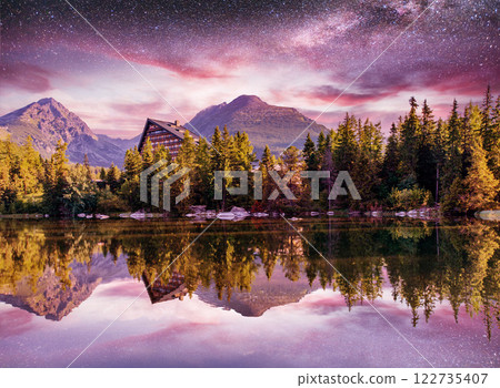 Majestic mountain lake in National Park High Tatra. Strbske pleso, Slovakia, Europe. Majestic mountain lake in National Park High Tatra. Strbske pleso, Slovakia, Europe. 122735407
