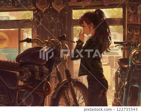 A woman looking at a bike in a bike shop | Retro atmosphere and warm lighting 122735543