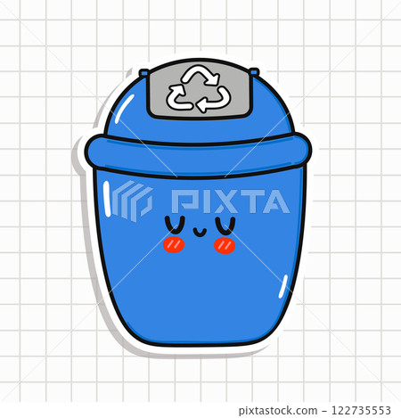 Sticker of Cute Blue Recycling Bin character. Vector hand drawn cartoon kawaii character illustration icon. Isolated checkered notebook background. Playful Blue Recycling Bin Cartoon Sticker of Cute Blue Recycling Bin character. Vector hand drawn cartoon kawaii character illustration icon. Isolated checkered notebook background. Playful Blue Recycling Bin Cartoon 122735553
