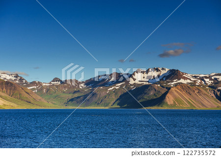 Mountains and volcanic lava sand dunes by the sea in Stokksness, Iceland. The brown bushes are lavender plants desiccated in the winter but will flourish and bloom when spring comes 122735572