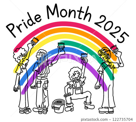 Four young people drawing a six-color rainbow with the words "Pride Month 2025" 122735704