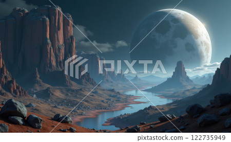 Rocky coast in a foggy full moon night Rocky coast in a foggy full moon night 122735949