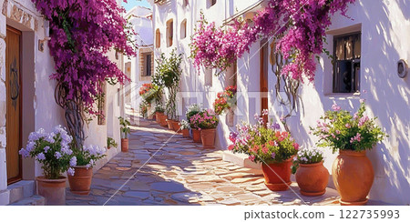 Old town cozy narrow street with white houses and bougainvillea flower. 122735993