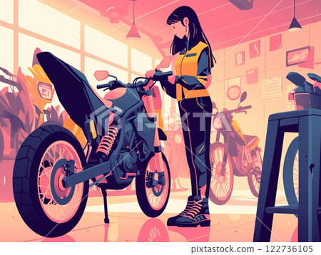 女人在自行車店裡挑選新自行車 | 色彩繽紛、時尚的場景 122736105