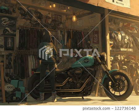 一名女子在摩托車店停留 | 店內擺滿了復古自行車和設備 122736140