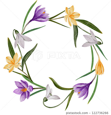 wreath with crocus and snowdrop flowers, watercolor illustration, isolated on white. Hand drawn botanical frame with space for text. Template for cards, logos, prints, wedding design wreath with crocus and snowdrop flowers, watercolor illustration, isolated on white. Hand drawn botanical frame with space for text. Template for cards, logos, prints, wedding design 122736266