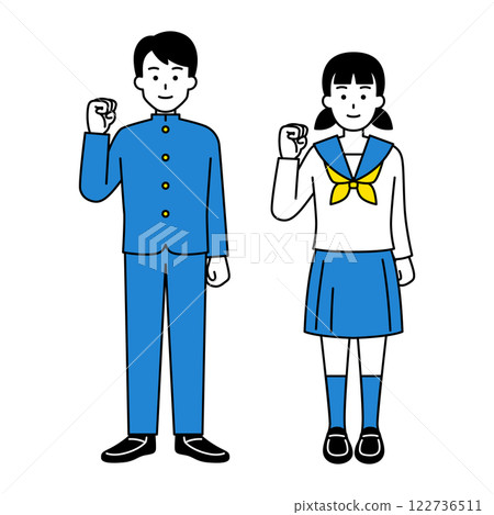 Male and female students doing fist pump (whole body) set Male and female students doing fist pump (whole body) set 122736511