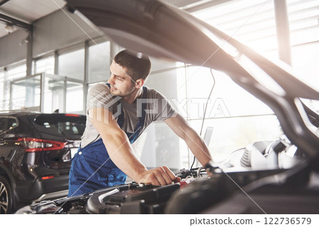 Auto mechanic working in garage. Repair service Auto mechanic working in garage. Repair service 122736579