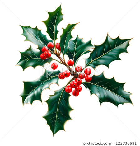 Holly branch with green glossy leaves and bright red berries isolated on a transparent background. Festive plant symbol commonly used in Christmas and holiday decorations. 122736681