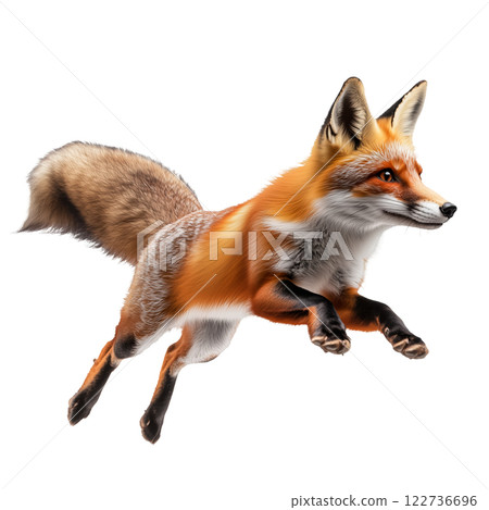 Red fox in mid-leap isolated on a white background. Dynamic image of a jumping wild fox, ideal for wildlife, nature, and educational projects. 122736696