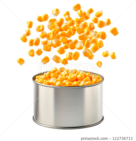 Canned sweet corn with kernels spilling out, isolated on a transparent background. Yellow corn kernels in a metal can, isolated for food packaging, advertising, and design projects. 122736713