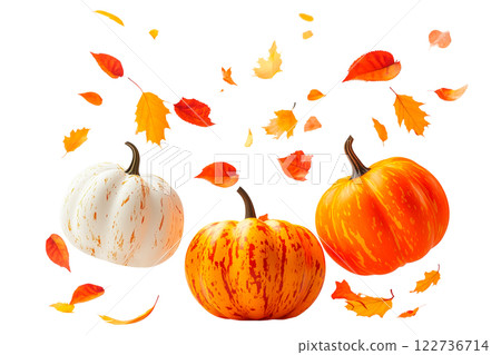 Set of autumn pumpkins in white, orange, and striped patterns with falling autumn leaves, isolated on a transparent background. Perfect for seasonal designs 122736714