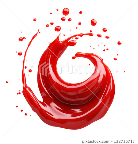 Dynamic red liquid splash forming a spiral shape with scattered droplets, isolated on a transparent background. High-quality close-up, perfect for design elements, advertising. 122736715