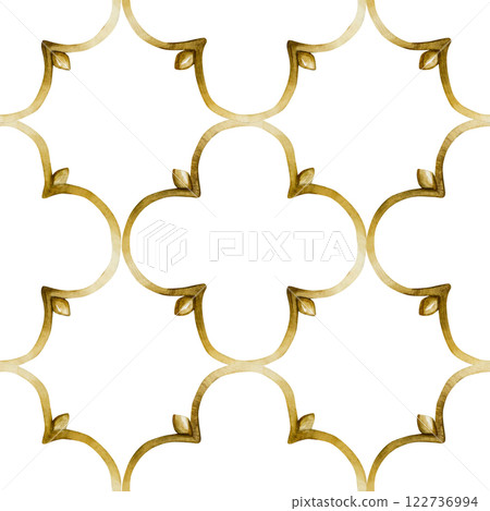 Islamic golden ornament seamless pattern. Arabesque, Ottoman, Oriental decorative design. Watercolor hand painted isolated illustration for Ramadan Kareem, Muslim holiday, Eid Mubarak, Al Fitr, Adha Islamic golden ornament seamless pattern. Arabesque, Ottoman, Oriental decorative design. Watercolor hand painted isolated illustration for Ramadan Kareem, Muslim holiday, Eid Mubarak, Al Fitr, Adha 122736994
