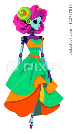 Female robot in elegant dress and high hairstyle. Bright vector illustration 122737010