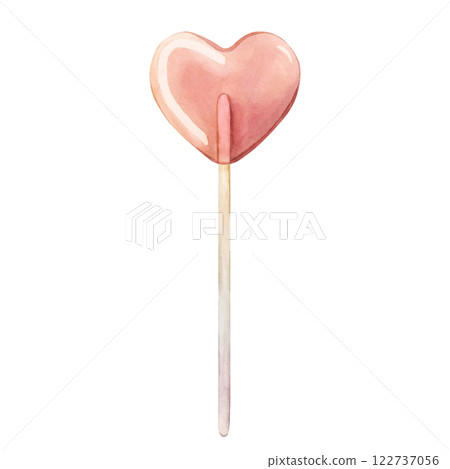Lollipop. Cute pink heart candy on a stick. Watercolor hand painted isolated food illustration for kids birthday, baby shower party, nursery clothes fabric, girly textile, whimsical logo, label 122737056