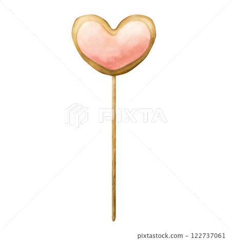 Heart gingerbread with pink glazed on a stick. Watercolor hand painted isolated food illustration for kids birthday party, baby shower, nursery clothes fabric, sweet textile, whimsical logo, label Heart gingerbread with pink glazed on a stick. Watercolor hand painted isolated food illustration for kids birthday party, baby shower, nursery clothes fabric, sweet textile, whimsical logo, label 122737061