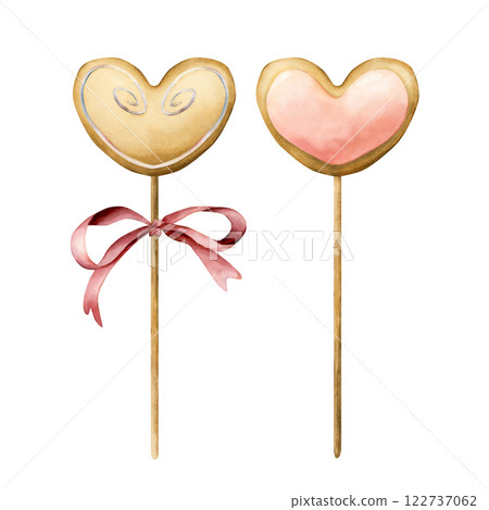 Heart gingerbreads on a stick clipart set. Watercolor hand painted isolated food illustration for kids birthday party, baby shower, nursery clothes fabric, valentine, sweet textile, logo, label Heart gingerbreads on a stick clipart set. Watercolor hand painted isolated food illustration for kids birthday party, baby shower, nursery clothes fabric, valentine, sweet textile, logo, label 122737062