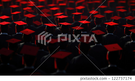Graduation ceremony with students wearing red caps and gowns, celebrating achievement and success Graduation ceremony with students wearing red caps and gowns, celebrating achievement and success 122737174
