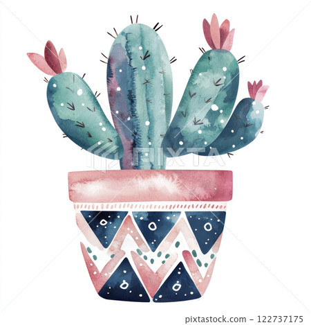 Watercolor style depiction of cute star cactus in decorative pot, showcasing vibrant colors and playful patterns 122737175