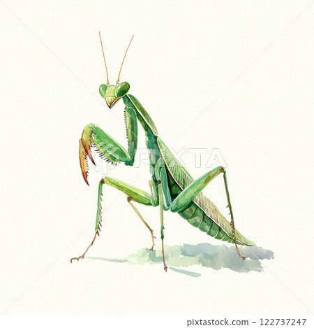Watercolor art of praying mantis on white background, showcasing sharp focus and high quality for commercial use 122737247