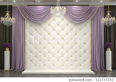 a luxurious backdrop for a special event. The backdrop should feature a large, white fabric panel with a diamond-shaped pattern created by rows of golden beads or embellishments	 122737258