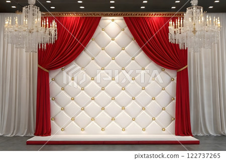 a luxurious backdrop for a special event. The backdrop should feature a large, white fabric panel with a diamond-shaped pattern created by rows of golden beads or embellishments	 122737265