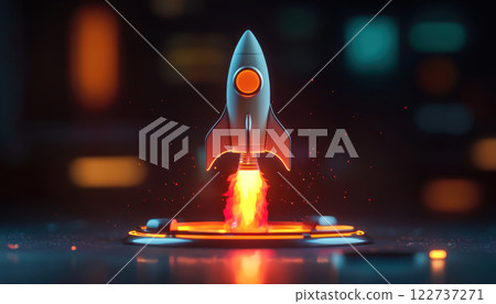 Rocket launching from platform, symbolizing innovation and technology 122737271