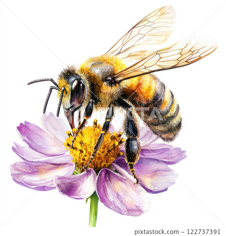 Watercolor depiction of honeybee on flower, showcasing vibrant details and sharp focus, perfect for commercial use Watercolor depiction of honeybee on flower, showcasing vibrant details and sharp focus, perfect for commercial use 122737391