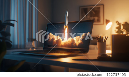realistic photo of laptop on modern minimalistic desk with rocketship launching from screen, creating inspiring atmosphere 122737403