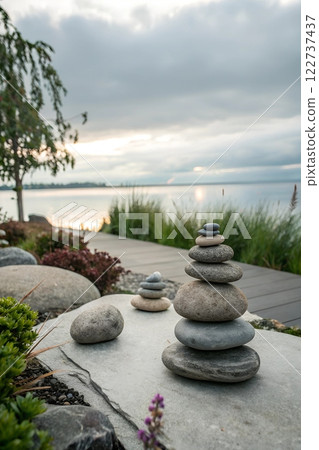 Zen stones balanced in front of serene lake Zen stones balanced in front of serene lake 122737437