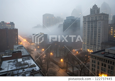 Serene town with high-rise buildings softly veiled by a thick, mystical fog	 122737445