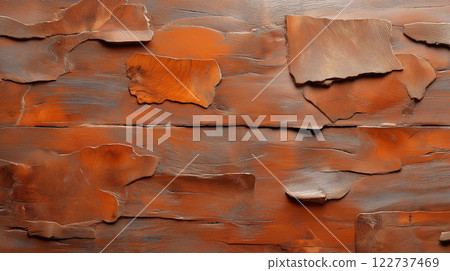 Textured wall with orange and brown wooden panels creating rustic feel Textured wall with orange and brown wooden panels creating rustic feel 122737469