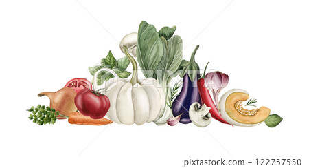Fresh vegetables and seasonings triangle arrangement. Watercolor hand painted isolated food illustration cookbook, kitchen table textile, condiment package, delicious fabric, menu, recipe book, cards 122737550