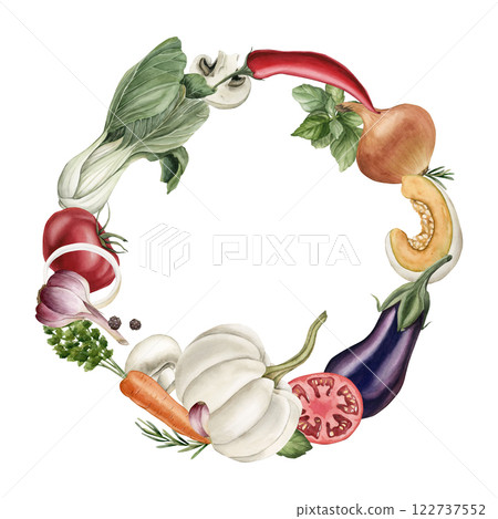 Fresh vegetables and seasonings wreath. Watercolor hand painted isolated food illustration cookbook, kitchen table textile, condiment package, delicious fabric, menu, recipe book, card, logo, label 122737552