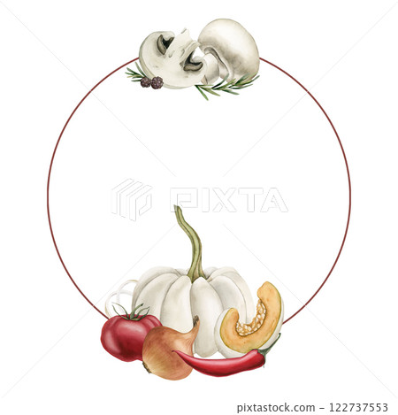 Fresh vegetables and seasonings wreath. Watercolor hand painted isolated food illustration cookbook, kitchen table textile, condiment package, delicious fabric, menu, recipe book, card, logo, label 122737553
