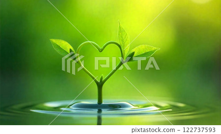 A close-up of a delicate green plant stem with fresh, young leaves forming a heart shape with their reflection on a water surface 122737593