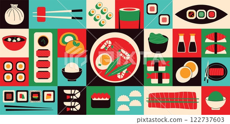 Asian food banner. Minimal geometric japanese korean thai chinese cuisine, sushi shrimp sashimi salmon rice ramen tom yum soup. Flat vector background 122737603